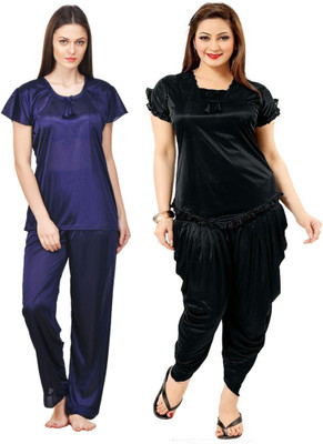 ROWENA Women Solid Blue, Black Top & Pyjama Set