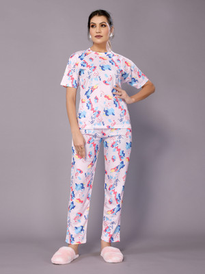 HouseOfCommon Women Self Design White Night Suit Set