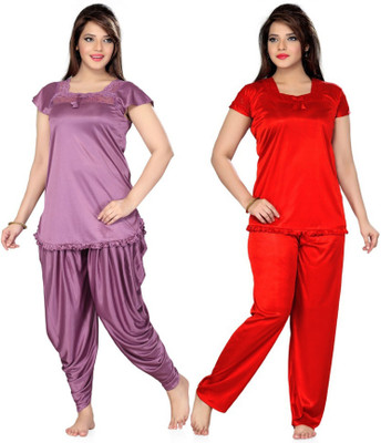 PHALIN Women Solid Purple, Red Top & Pyjama Set