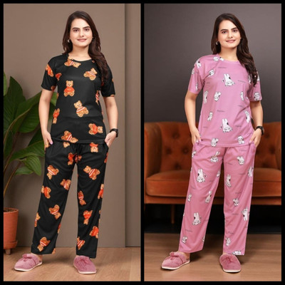 FASHION GREAB Women Printed Black Top & Pyjama Set
