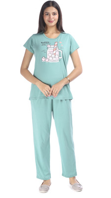 E-MAX Women Printed Green Top & Pyjama Set