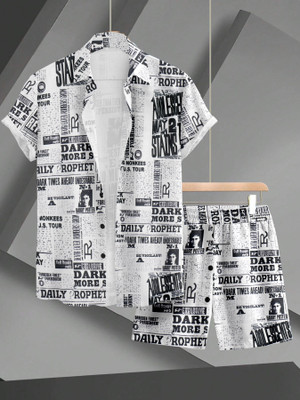 flying queen Men Printed White Top & Shorts Set