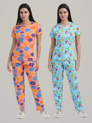 JILZ Women Printed Orange, Blue Top & Pyjama Set