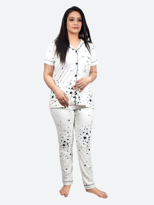 SOLZEIQ Women Printed White Shirt & Pyjama set