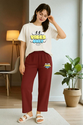Elvia Women Printed Maroon Top & Pyjama Set