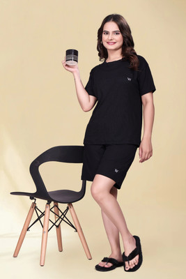 WHITDUCK Women Solid Black Top & Shorts Set