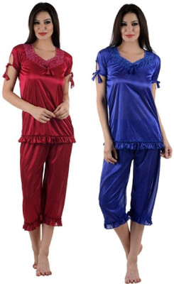 Boosah Women Solid Maroon, Blue Top & Capri Set