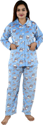 NACNO Women Printed Blue Shirt & Pyjama set
