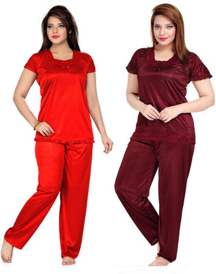 ROWENA Women Solid Red, Brown Top & Pyjama Set