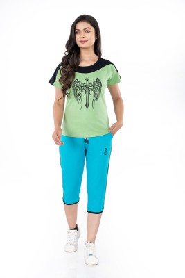 StyleAone Women Graphic Print Light Green, Blue Top & Capri Set