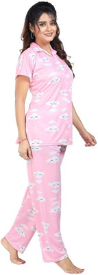 Qunity Women Printed Pink Night Suit Set