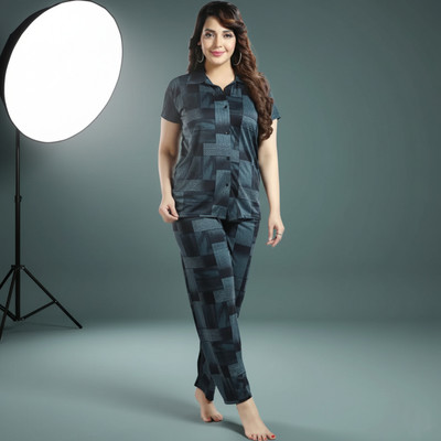 Sleepify Women Abstract Green Night Suit Set