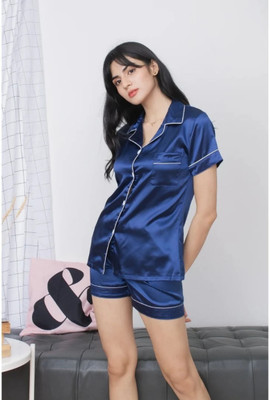 Vd hub Women Solid Dark Blue Night Suit Set