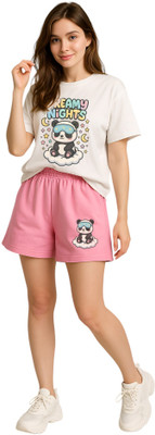 Shonisha Women Printed Pink, Beige Top & Shorts Set