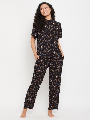 Clovia Women Floral Print Black Shirt & Pyjama set