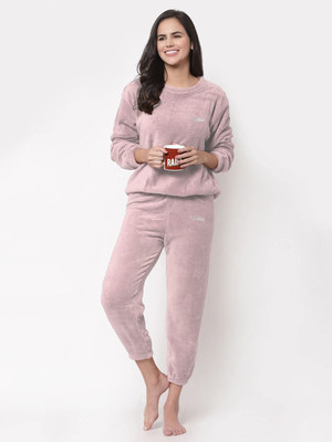 Klotthe Women Solid Pink Night Suit Set