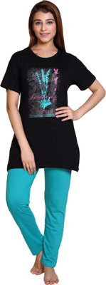 American Pie Women Printed Black, Green Top & Pyjama Set