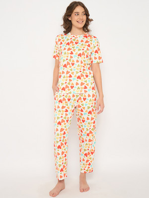 Camey Women Printed Beige Top & Pyjama Set