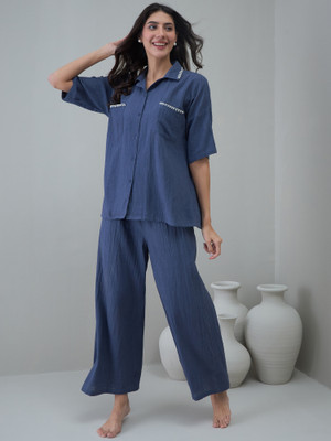 Sanskrutihomes Women Solid Blue Night Suit Set