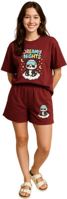 Shonisha Women Printed Maroon Top & Shorts Set