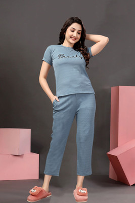 PTELRA Women Printed Light Blue Night Suit Set