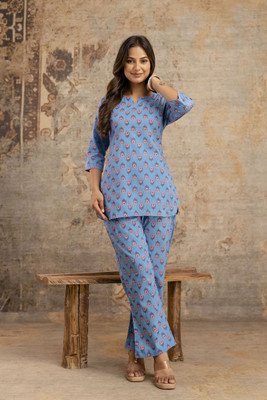 FASHION CLOUD Women Floral Print Blue Top & Pyjama Set