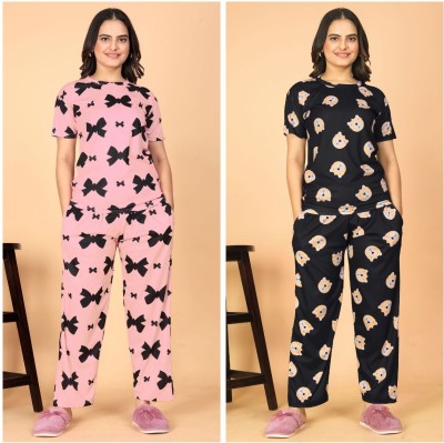 FASHIONGRAB Women Printed Pink, Black Night Suit Set