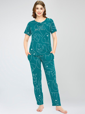 ZEYO Women Animal Print Green Top & Pyjama Set