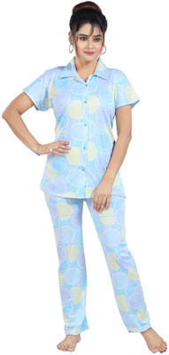 Qunity Women Printed Light Blue Night Suit Set