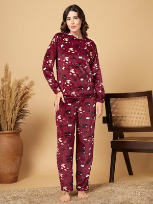 Fabinaliv Women Abstract Maroon Night Suit Set
