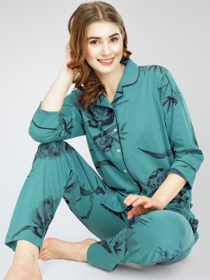 ZEYO Women Floral Print Green Shirt & Pyjama set