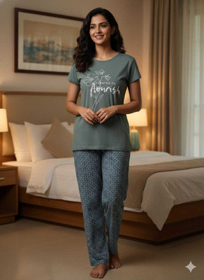 Jiana Fashion Women Floral Print, Solid Green Night Suit Set