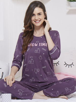 ZEYO Women Printed Purple Top & Pyjama Set