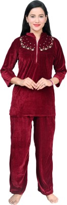 Mishko Women Embroidered Maroon Top & Pyjama Set