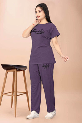 Ad Nx Women Printed Purple Night Suit Set