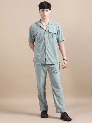 Bushirt Men Solid Light Green Top & Pyjama Set