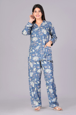 BST TEXTILES Women Printed Blue Shirt & Pyjama set