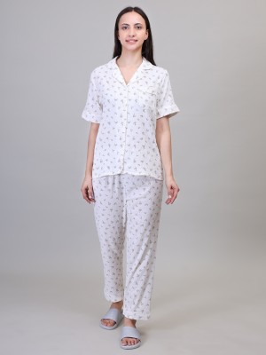 Camey Women Floral Print Beige, White Shirt & Pyjama set