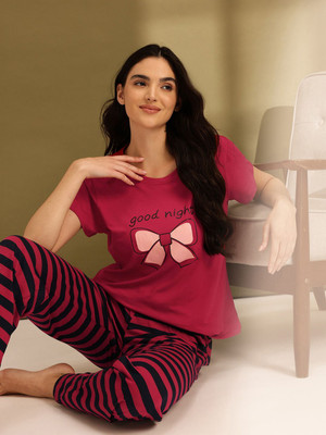 ETC Women Graphic Print Red Night Suit Set