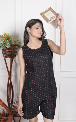 Fashiontrand Women Geometric Print Black Top & Shorts Set