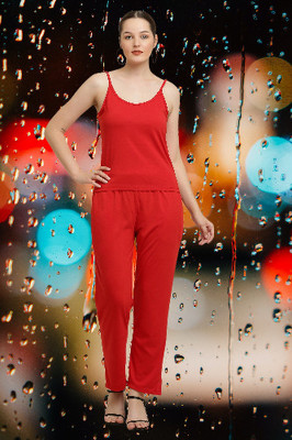CANIDAE Women Solid Red Top & Pyjama Set