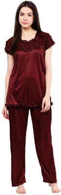 Boosah Women Solid Brown Top & Pyjama Set