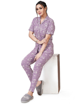 ASTRAX Women Geometric Print Purple Top & Pyjama Set