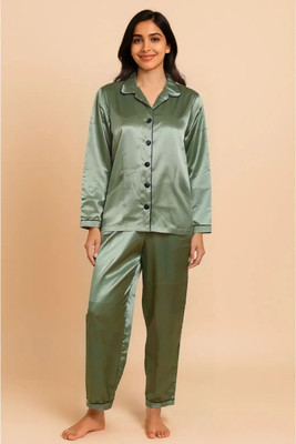 G-KA Women Solid Dark Green Night Suit Set