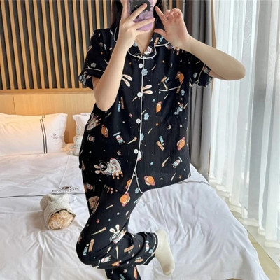 Lugo Women Printed Black Night Suit Set