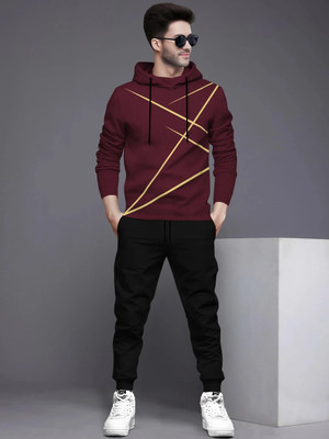 BLIVE Men Solid Maroon, Black Night Suit Set