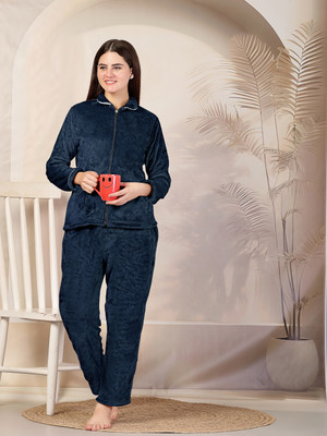 Fabinaliv Women Solid Dark Blue Night Suit Set