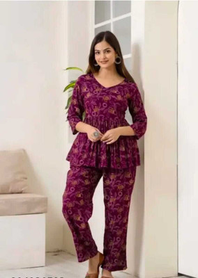 Valvet Women Printed Purple Night Suit Set