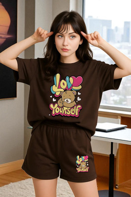 Elvia Women Printed Brown Top & Shorts Set