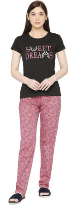 zebu Women Printed Black Top & Pyjama Set